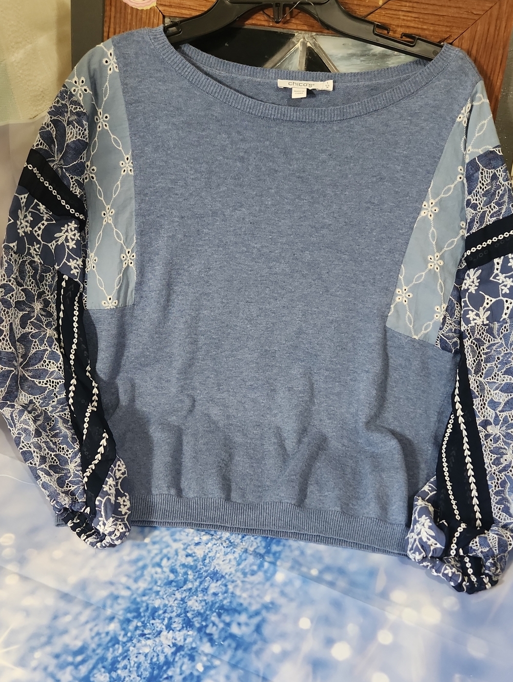 Chico's Blue Mixed-Media Lace Balloon Sleeve Pullover